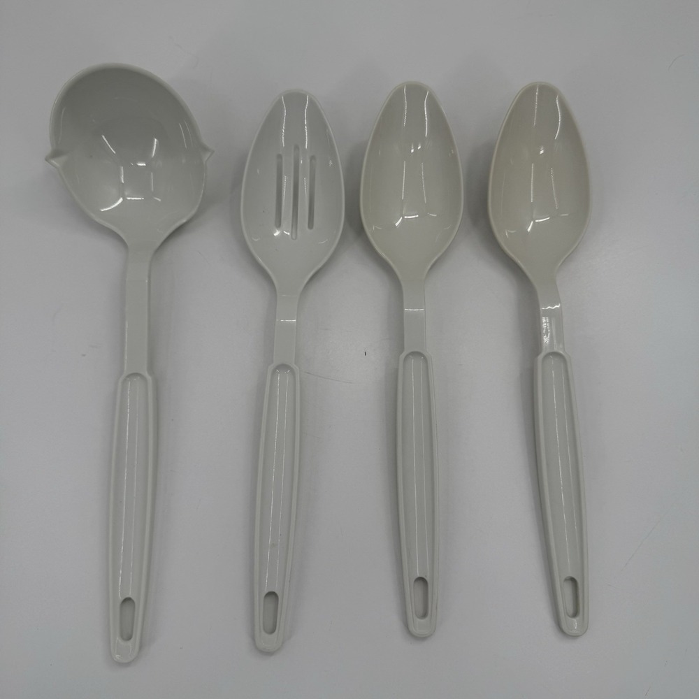 Vintage ECKO White Plastic Kitchen Utensil Set Ladle Slotted Serving‎ Spoons